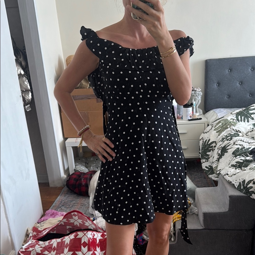 Black Polka Dot Off-Shoulder Dress with tie and open back